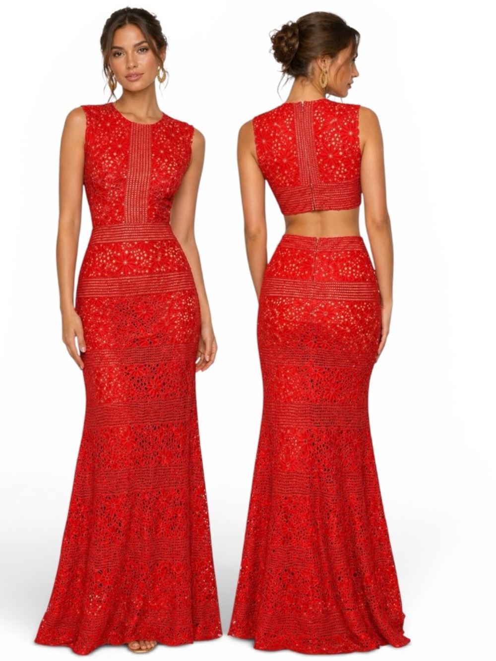 BCBGMaxAzria Merida Lace Maxi Dress Bright Red Poppy Mermaid‎ Gown Cutout Back 8